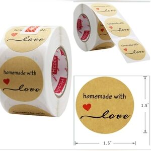 🍎 Nwt 500 Homemade With Love Kraft  Brown Stickers Red Heart ❤️ Large 1.5 "